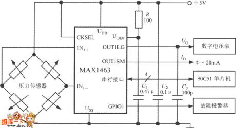 The precise pressure detection system circuit composed of the dual-channel intelligent sensor signal processor MAX1463