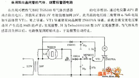 The gas-fog alarm circuit of dual-way thyristors