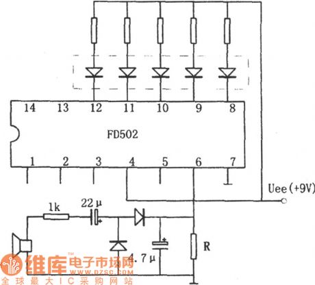 Circuit Diagram of Audio Frequency Indicator (FD502) Composed of Five-Digit LED Display