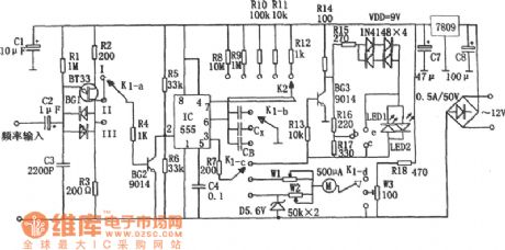 Circuit Diagram of Capacitance/Frequency/Transistor Online Detector composed of 555