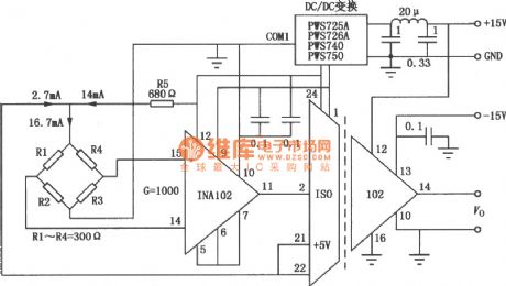 Isolated electric bridge measurement amplifier circuit composed of INA102