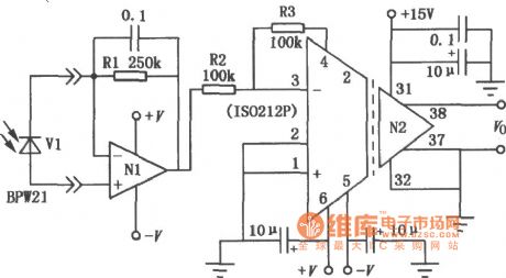 Photodiode isolation amplifier circuit diagram composed of ISO212P