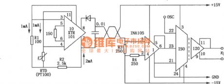 High-precision long-range temperature measurement circuit composed of the ISO120 and XTR101