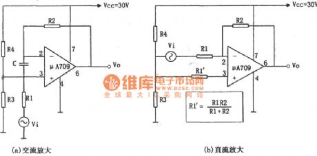 Single-supply inverting amplifier circuit composed of the μA709