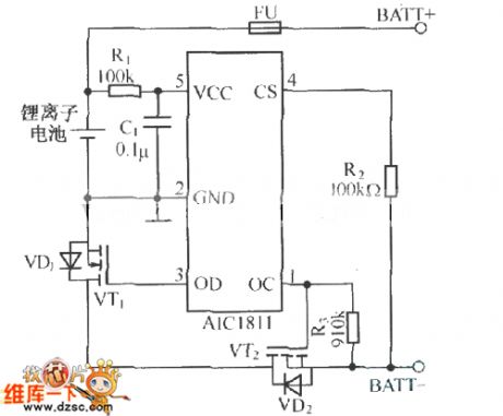 Single lithium-ion battery protection circuit composed of the AICl811