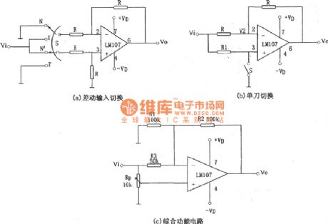 The positive and negative values gain of adjustable amplifier circuit composed of LM107