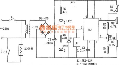 Temperature range controller circuit diagram composed of 555