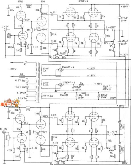 The stereo OTL power amplifier circuit of 6N5P valve