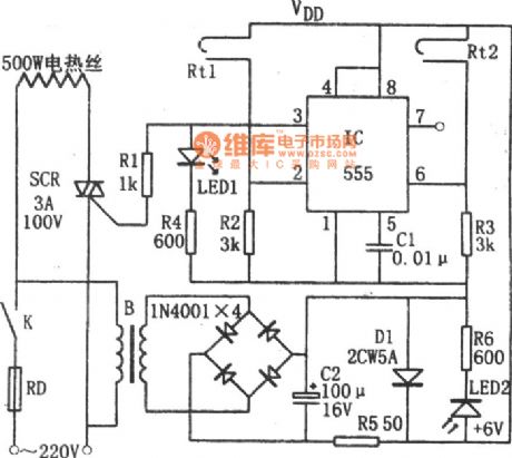 Simple constant temperature controllor circuit composed of 555