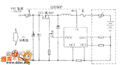 Battery charging protection circuit composed of the PTC component and the over-voltage protection component
