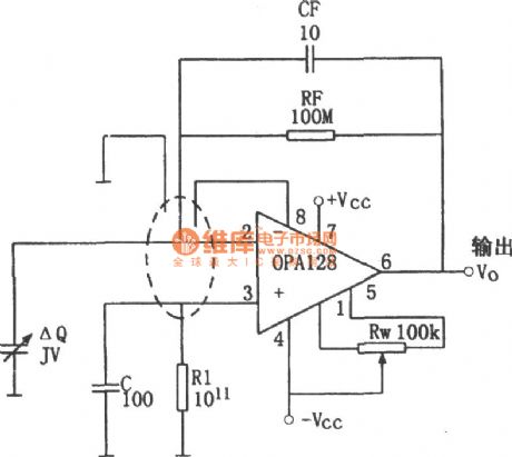 Charge amplifier circuit composed of the OPA128