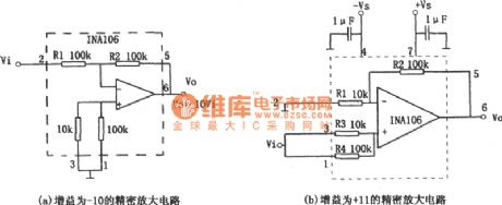 The gain -10 and +11 precision amplifier circuit diagram