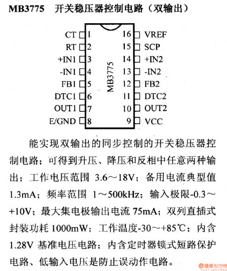 MB3775 control circuit, main features and pin of DC-DC circuit and power supply monitor