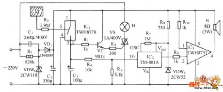 The finger touch high power sound-light alarm circuit