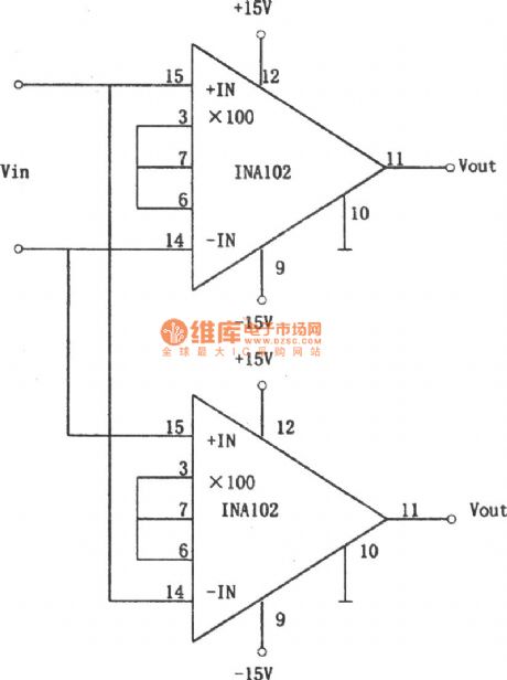 The differential input and differential output amplifying circuit composed of the INA102