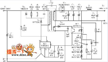 DC / DC  converter 250W switching power supply circuit diagram composed of TOP249Y