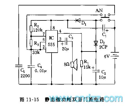 555 static low power dual tone door flute circuit
