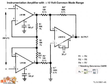 instrumentation amplifier with ±10 volt common mode range circuit