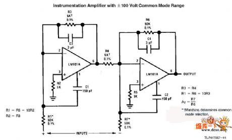 instrumentation amplifier with ±100 volt common mode range circuit