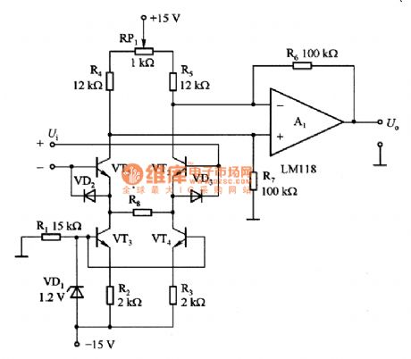The amplifer circuit diagram formed by LM118 and used in device