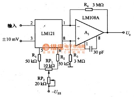 The amplifer circuit formed by LM121 and used in device