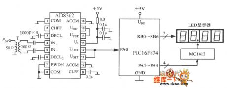true RMS RF power measurement system composed of a monolithic true RMS power measurement system AD8362 circuit