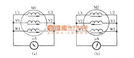 Three-phase motor winding reverse connection check circuit