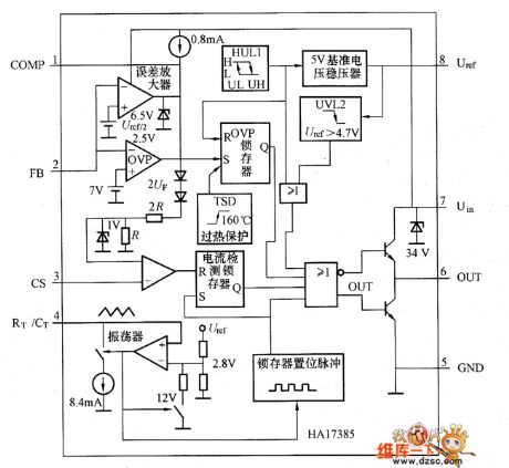 internal equivalent circuit of HA17385 switching power supply integrated controller