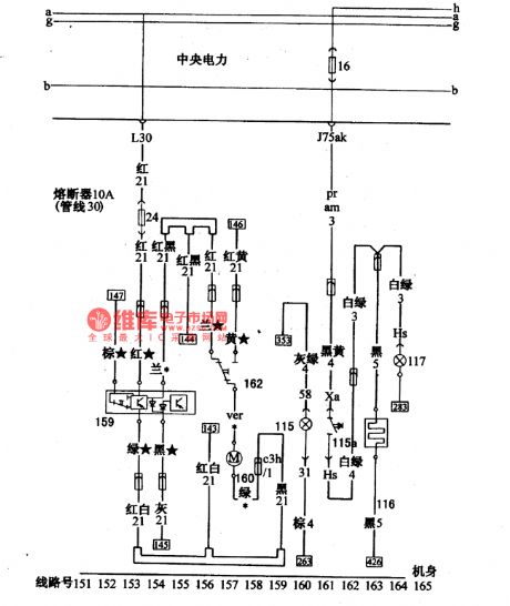 The central control door lock and rear window defroster connection circuit of Santana 2000