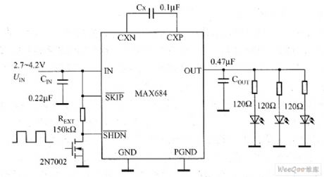MAX684 charge-pump drive white light LED circuit