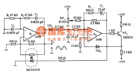 Wien bridge oscillator circuit controlled by photosensitive resistance