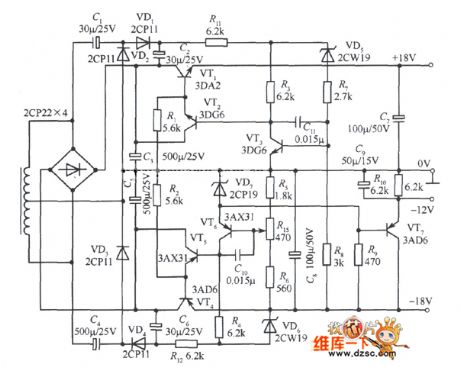 High precision ±18V bipolar regulated power supply circuit diagram