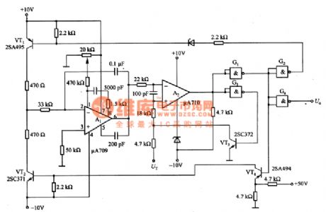Voltage control oscillator circuit composed of μA709