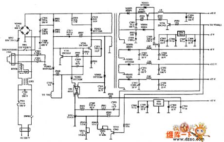 the power supply circuit of the DATAS HC-7424P color TV screen