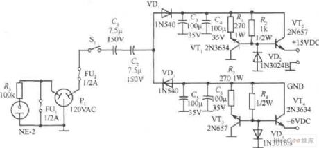 15V,－6V double lines regulated power supply circuit