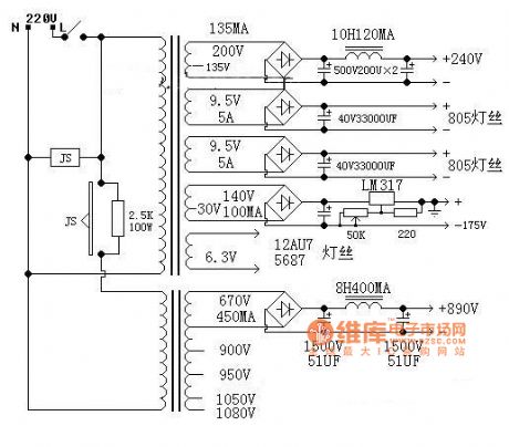 12AU7 +5687 Push 845 Push-pull Amplifier Circuit