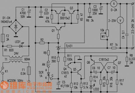 Adjustable regulated power supply circuit with overload and  short circuit protection function