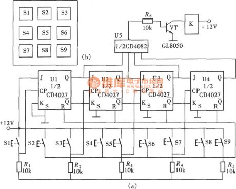 Nine key coded lock circuit composed of CD4027