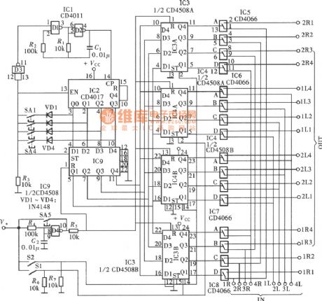 Four ways of input/output audio switch (CD4017, CD4066） circuit
