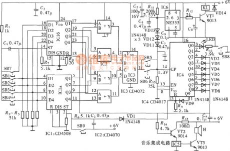 The coded lock having the alarm function (CD4508,CD4070,CD4017,CD4072) circuit