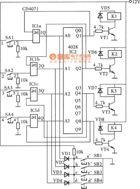 stair light control switch circuit with CD4028