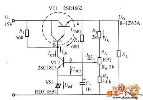 Regulated power supply circuit diagram with adjustable transistor output voltage