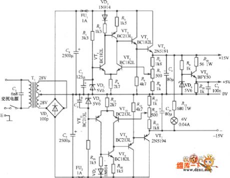 The common ±15V, 5V three kinds of output regulated power supply circuit schematic diagram