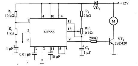 Motor speed control circuit composed of NE556
