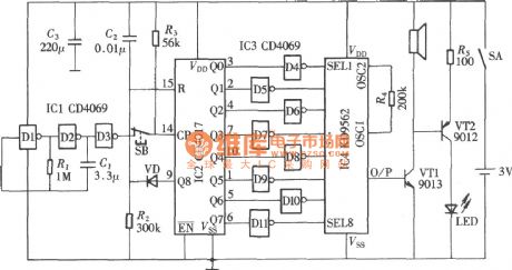 eight continuous sound space gun circuit(CD4069,KD9562)