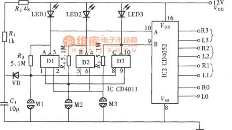 touch type three-way audio source change-over switch circuit with CD4052,CD4011