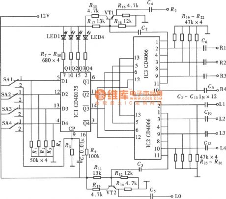 four-way electronic change-over switch circuit with CD40157,CD4066