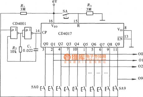 Ten-gear interlock switch controller circuit with CD4017,CD4001