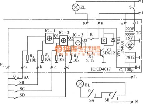 Single-load multi-site switch control circuit formed by CD4017
