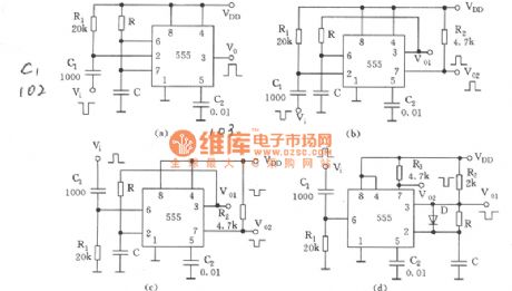 4 types of basic circuits of the single steady trigger composed of 555